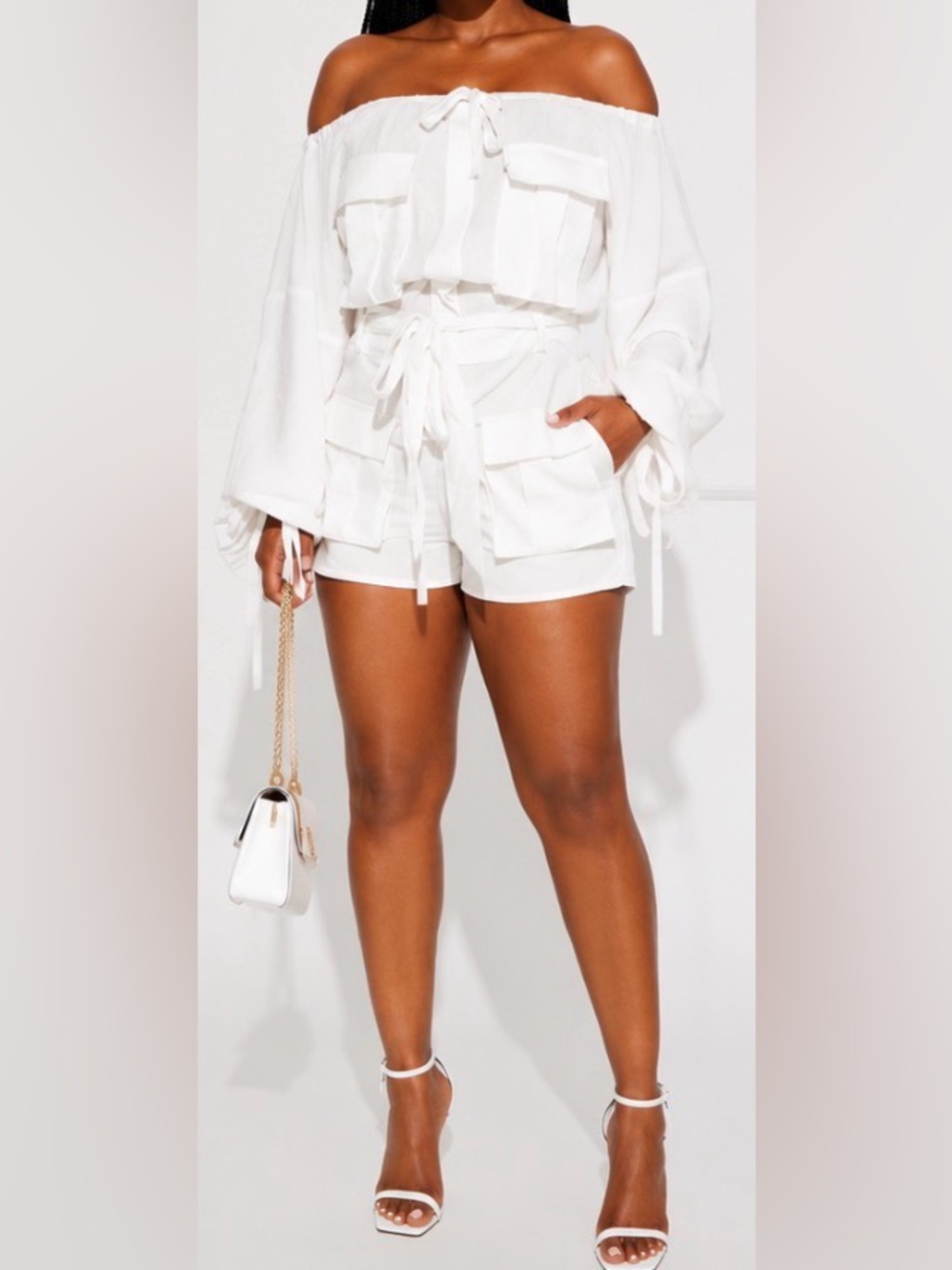 Off-Shoulder White Utility Shorts